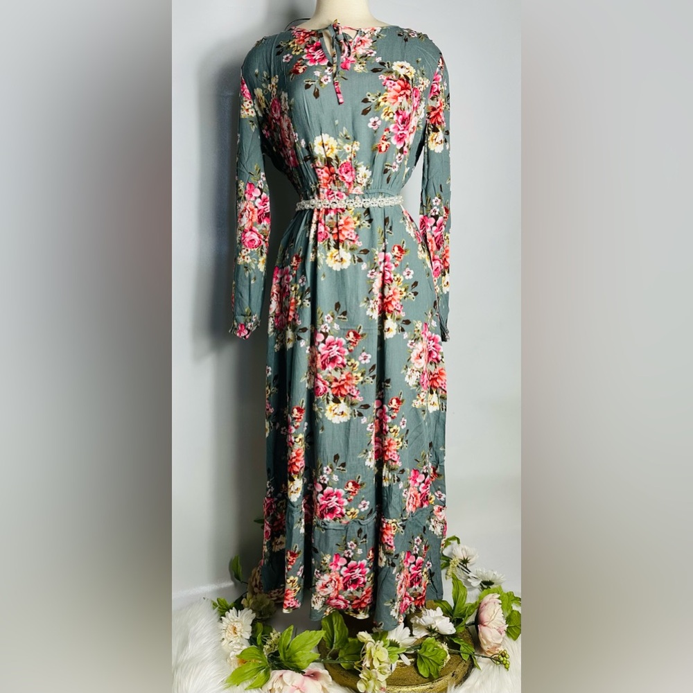 Floral Tie-Neck Maxi Dress - Dusty Teal - Picture 4 of 6